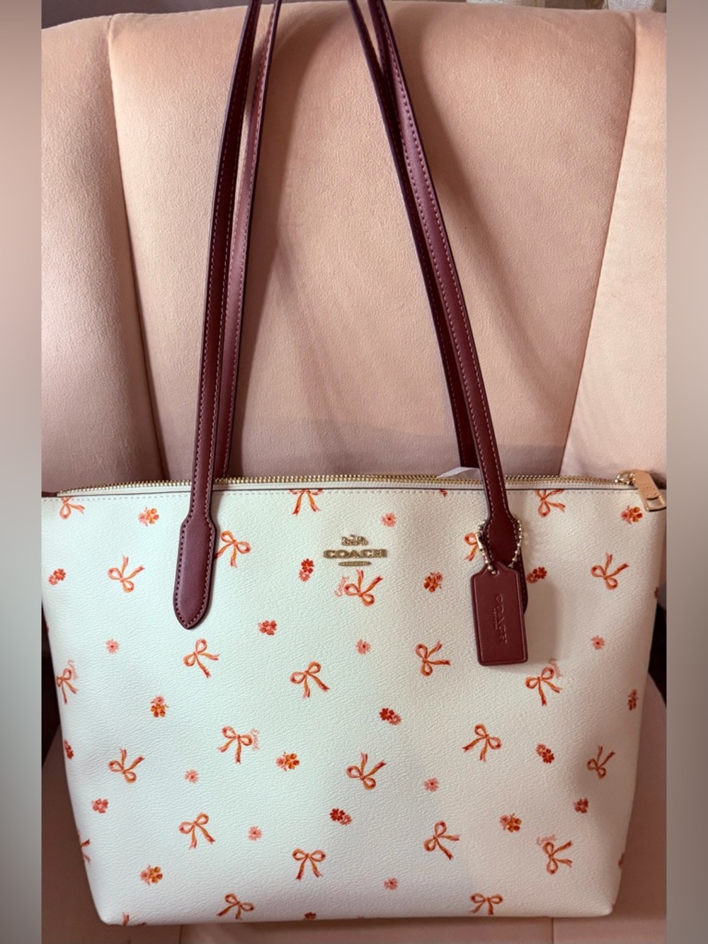 NEW Coach Zip Top Tote in Pink Bow & Floral Print RARE